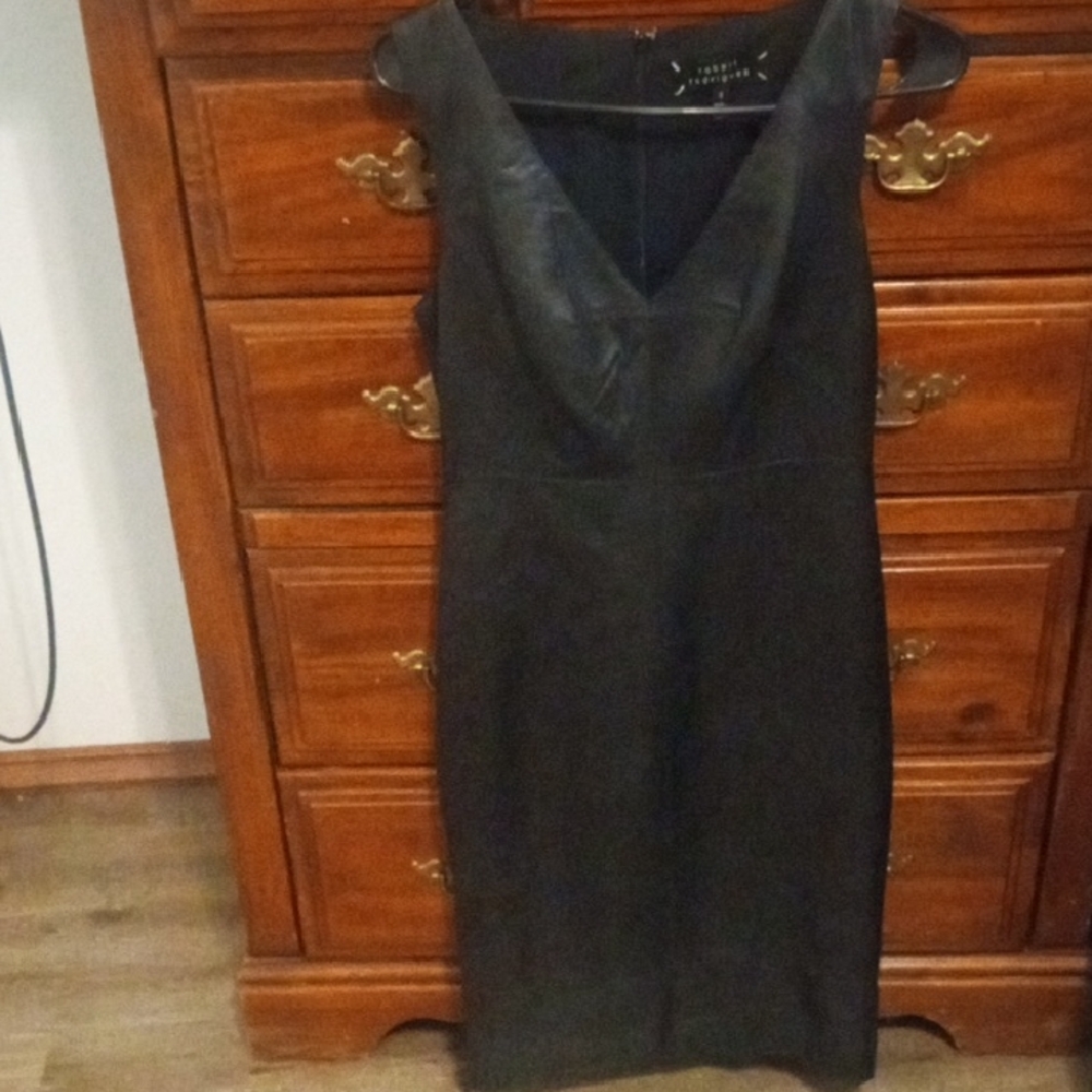 Robert Rodriguez Black V-Neck Midi Sheath Dress 100% Genuine Leather